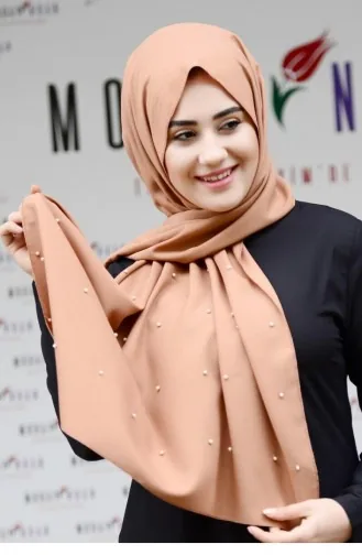 0801Mp Châle Crêpe Brodé Perles Marron 6172