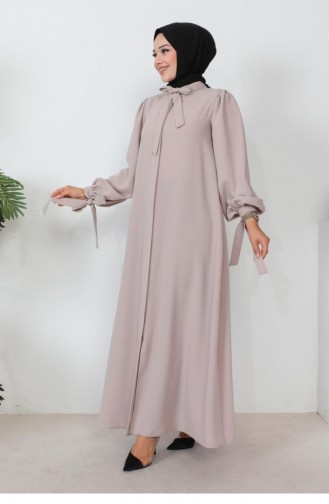 1077Mp Abaya à Manches Ballon à Lacets Beige 6185