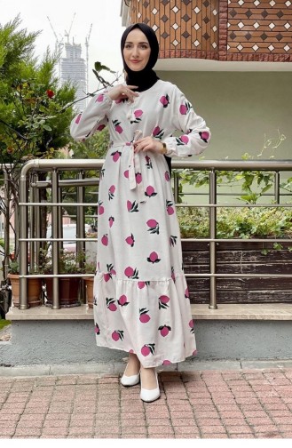 6612Es فستان حجاب منقوش بالليمون باللون الوردي 6585