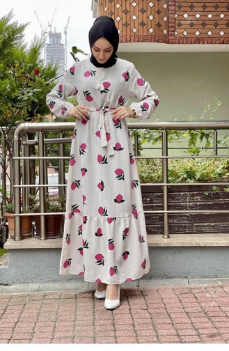 6612Es فستان حجاب منقوش بالليمون باللون الوردي 6585