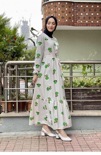 6612Es فستان حجاب منقوش بالليمون باللون الأخضر 6586
