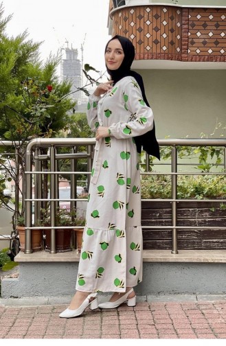 6612Es Robe Hijab à Motifs Citron Vert 6586