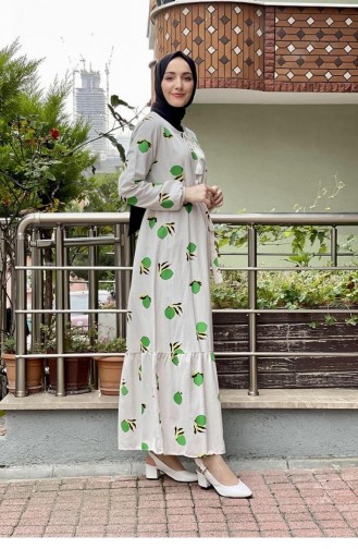6612Es فستان حجاب منقوش بالليمون باللون الأخضر 6586
