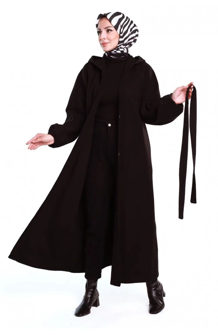 0502Sgs Belted Hijab Coat Black 6683