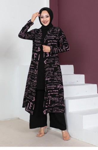 0307Sgs Ensemble Hijab 3 Pièces Écrit Noir Rose Sèche 6707