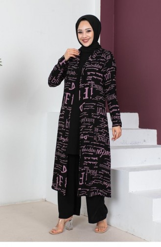 0307Sgs Written 3-Piece Hijab Set Black Dry Rose 6707