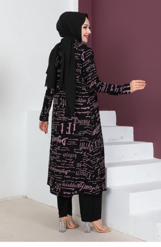 0307Sgs Ensemble Hijab 3 Pièces Écrit Noir Rose Sèche 6707