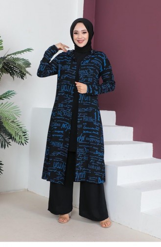 0307Sgs Costume Hijab 3 Pièces Écrit Noir Indigo 6708