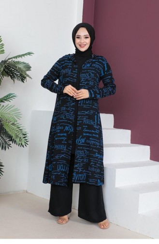0307Sgs Costume Hijab 3 Pièces Écrit Noir Indigo 6708