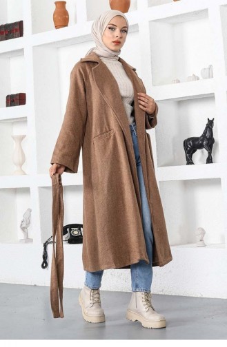 5500End Kuşaklı Yakalı Kaşe Kap Camel
