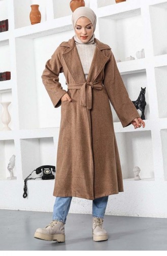 5500End Kuşaklı Yakalı Kaşe Kap Camel