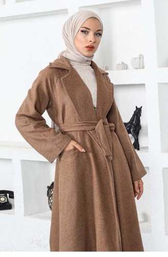 5500End Kuşaklı Yakalı Kaşe Kap Camel
