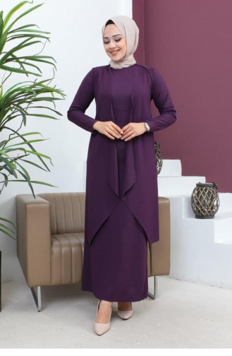 Costume Asymétrique Double Hijab 9020-01 Prune 9020-01