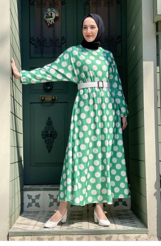 Büyük Puantiyeli Kloş Elbise 5455-02 Yeşil
