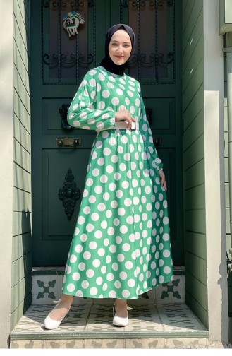 5455End Large Polka Dot Flared Dress Green 8283
