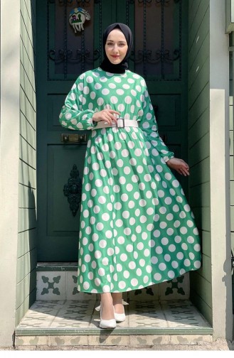 5455End Large Polka Dot Flared Dress Green 8283