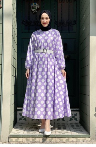 5455End Large Polka Dot Flared Dress Lilac 8284