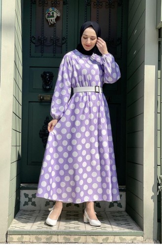 5455End Large Polka Dot Flared Dress Lilac 8284