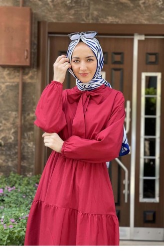 5409End Tie Collar Hijab Dress Red 8461