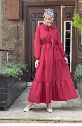 5409End Tie Collar Hijab Dress Red 8461