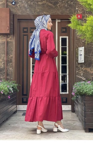 5409Hijab-Kleid Mit Bindekragen Rot 8461