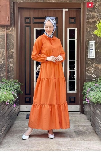 5409Hijab-Kleid Mit Bindekragen Orange 8462