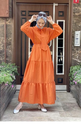 5409Hijab-Kleid Mit Bindekragen Orange 8462