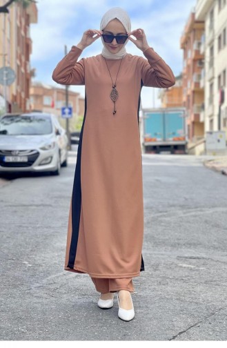 Slit Detailed Hijab Suit 0327-01 Tan 0327-01