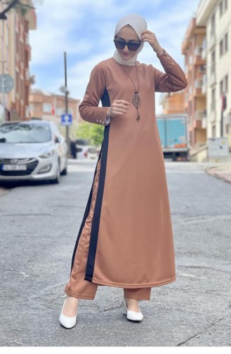 Slit Detailed Hijab Suit 0327-01 Tan 0327-01