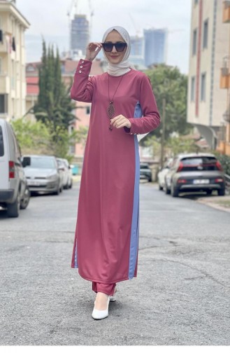 Slit Detailed Hijab Suit 0327-03 Dusty Rose 0327-03