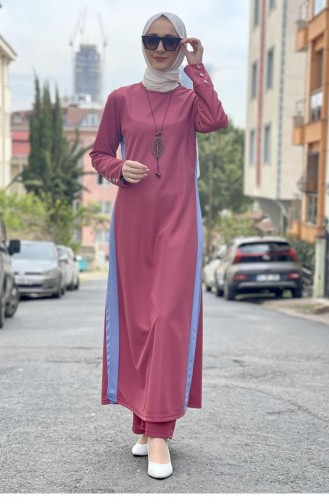 Slit Detailed Hijab Suit 0327-03 Dusty Rose 0327-03