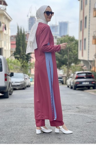 Detaillierter Hijab-Anzug Mit Schlitz 0327-03 Dusty Rose 0327-03