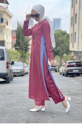 Slit Detailed Hijab Suit 0327-03 Dusty Rose 0327-03