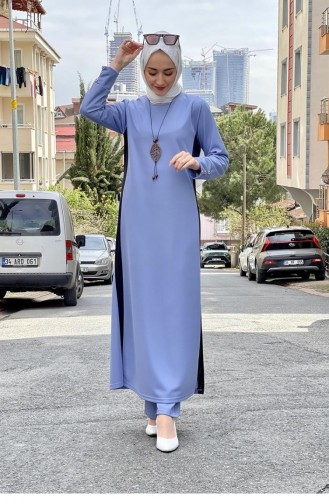 Ensemble Hijab Détail Fendu 0327-04 Bleu Bébé 0327-04