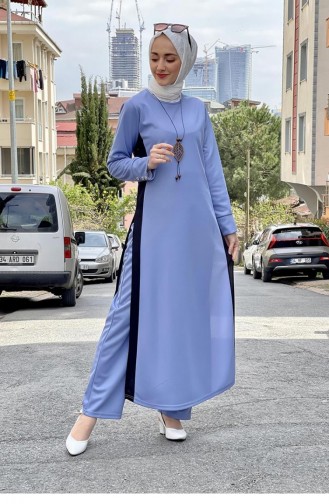 Ensemble Hijab Détail Fendu 0327-04 Bleu Bébé 0327-04