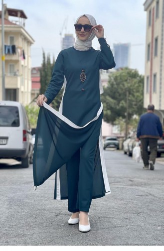 Detaillierter Hijab-Anzug Mit Schlitz 0327-05 Smaragdgrün 0327-05