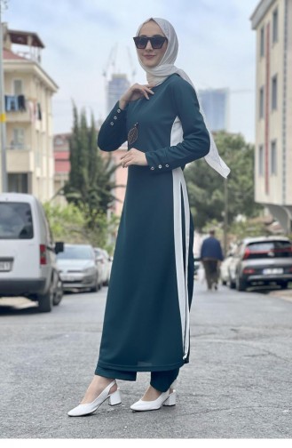 Detaillierter Hijab-Anzug Mit Schlitz 0327-05 Smaragdgrün 0327-05