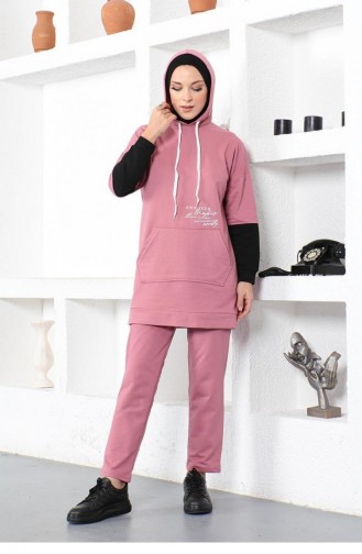 2035Mg Text Printed Sports Suit Dried Rose 8552