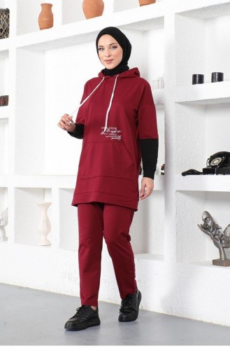 2035Mg Text Printed Sports Suit Claret Red 8574