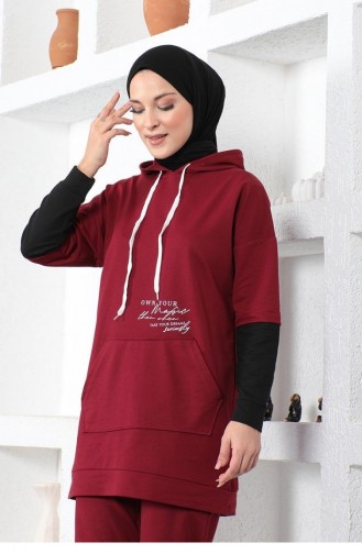 2035Mg Text Printed Sports Suit Claret Red 8574