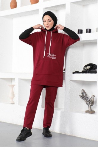 2035Mg Text Printed Sports Suit Claret Red 8574