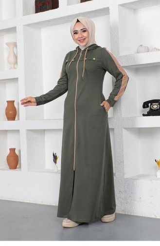 2043Mg Bird Eye Stripe Detail Sports Abaya Khaki 9014