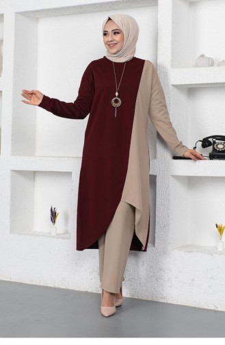 2046mgk İki Renkli Uzun İkili Takım 9212-07 Bordo