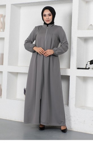 2049Mg Pleated Abaya With Gathered Sleeves Gray 9077