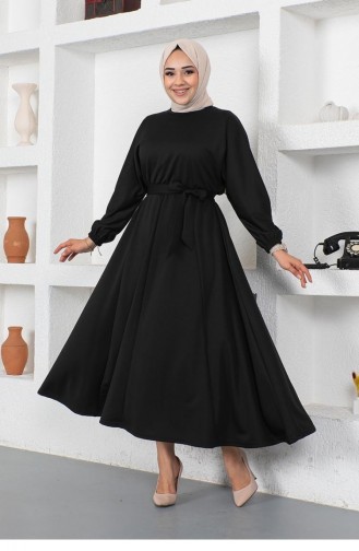 2051Mg Kleid Mit Geraffter Taille Und Gürtel Schwarz 9126