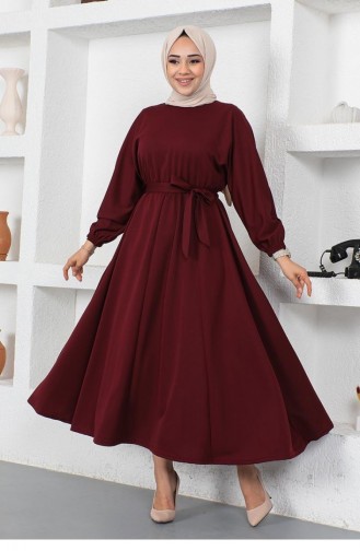 2051Mg Gathered Waist Belted Dress Claret Red 9130