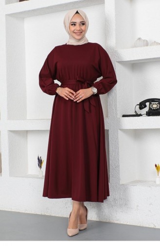 2051Mg Gathered Waist Belted Dress Claret Red 9130