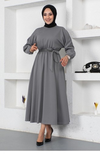 2051Mg Kleid Mit Geraffter Taille Und Gürtel Grau 9132