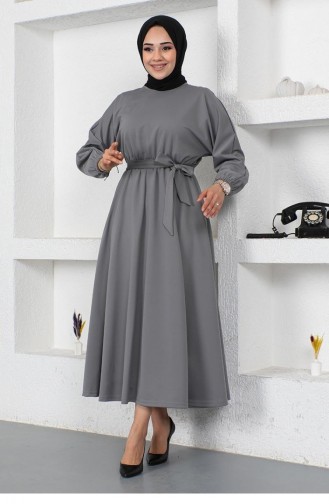 2051Mg Robe Ceinturée à Taille Froncée Gris 9132