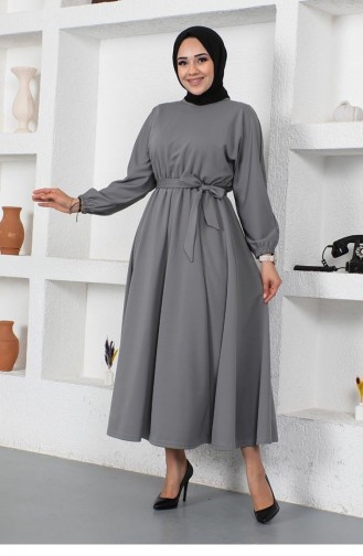 2051Mg Robe Ceinturée à Taille Froncée Gris 9132